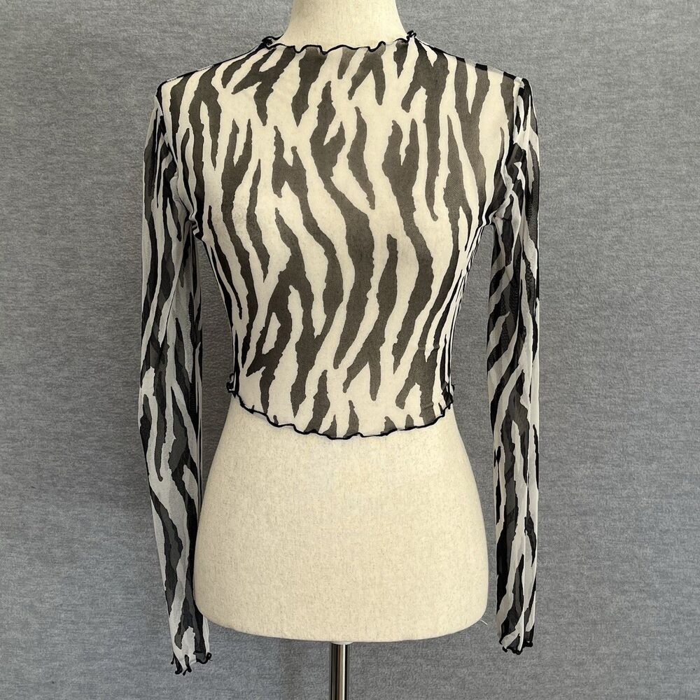 Forever 21 Vtg Y2K Sheer Mesh Top S Rave Grunge Animal Print Crop Lettuce Hem